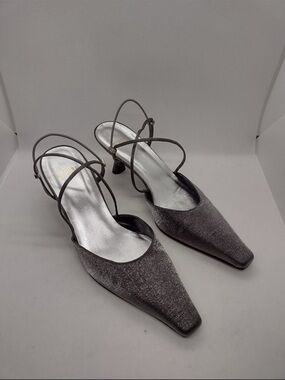 Women's Silver Strappy Pointed-Toe Mid Heels